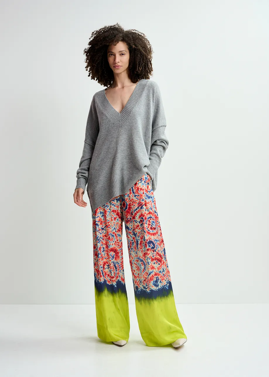 Red and blue printed wide-leg pants with dip-dyed effect