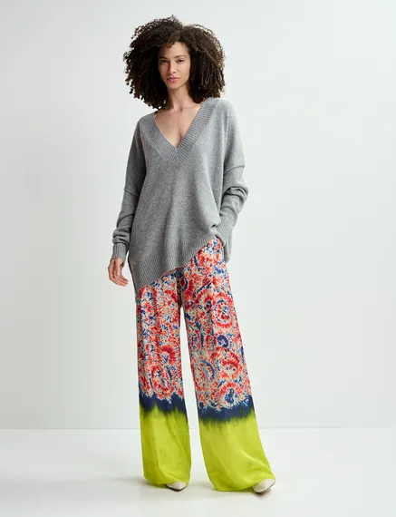 Red and blue printed wide-leg pants with dip-dyed effect