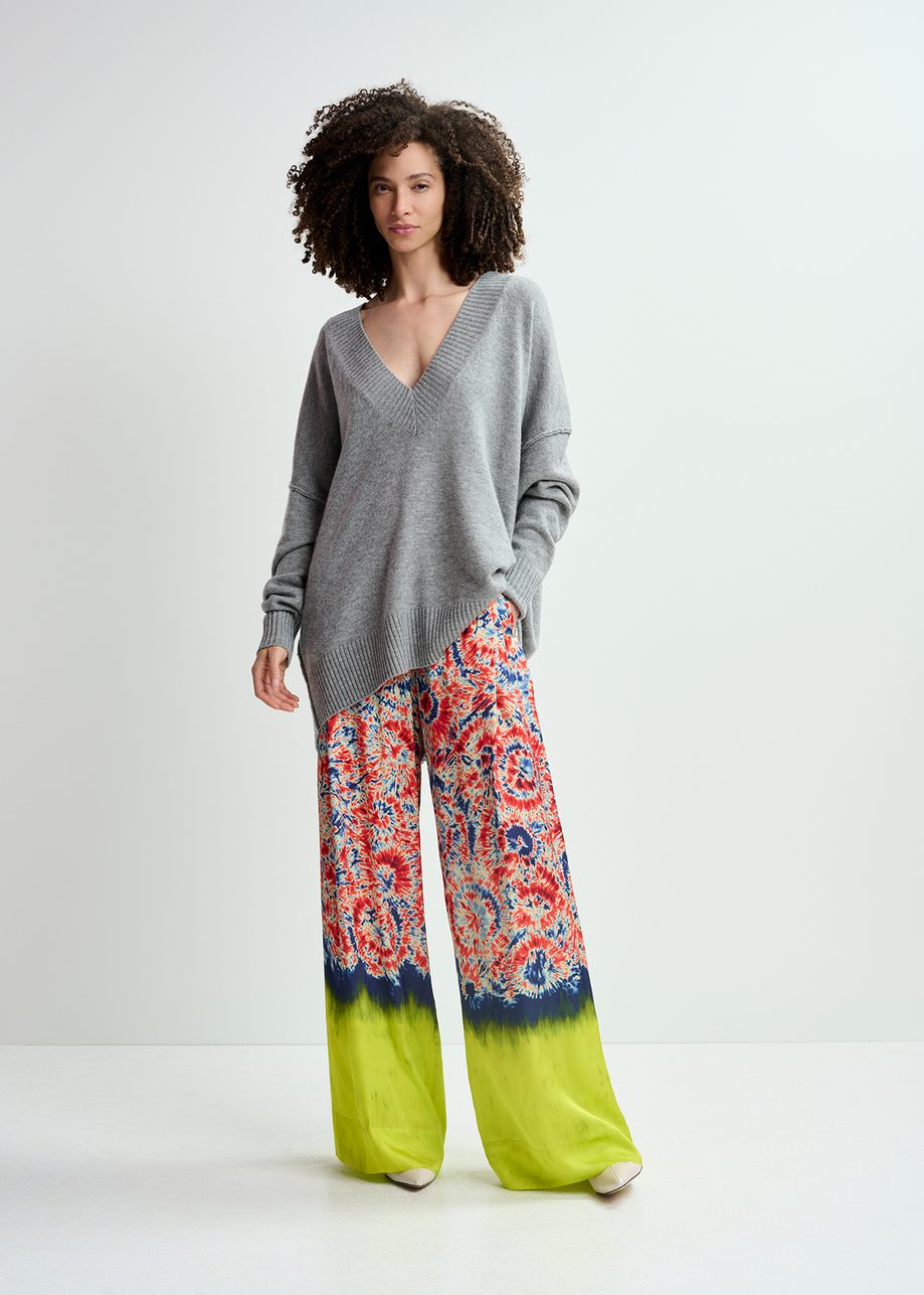 Red and blue printed wide-leg pants with dip-dyed effect