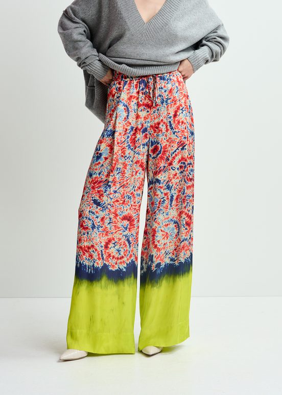 Red and blue printed wide-leg pants with dip-dyed effect