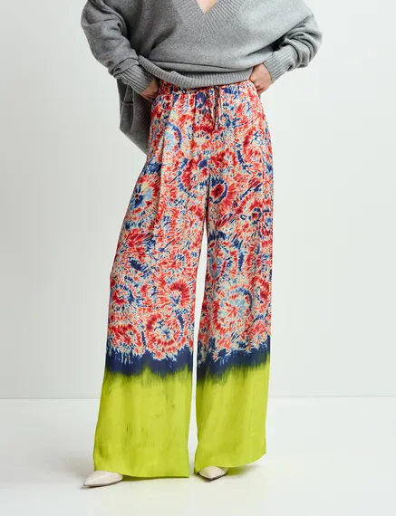 Red and blue printed wide-leg pants with dip-dyed effect