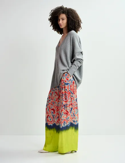 Red and blue printed wide-leg pants with dip-dyed effect