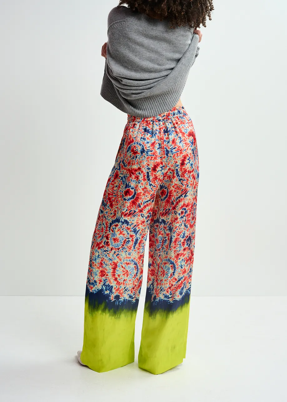 Red and blue printed wide-leg pants with dip-dyed effect