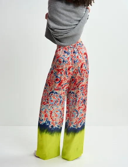 Red and blue printed wide-leg pants with dip-dyed effect