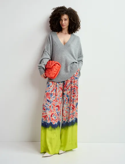 Red and blue printed wide-leg pants with dip-dyed effect