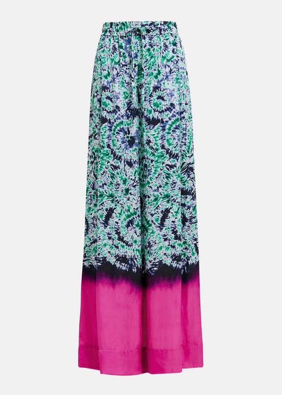 Green and navy blue abstract-print wide-leg pants with dip-dyed effect