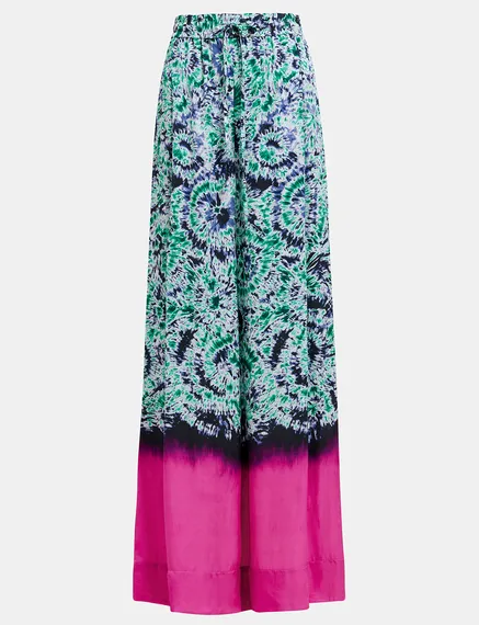 Green and navy blue abstract-print wide-leg pants with dip-dyed effect