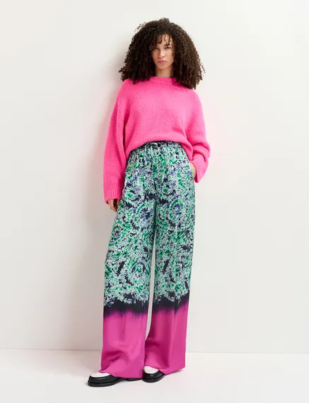 Green and navy blue abstract-print wide-leg pants with dip-dyed effect