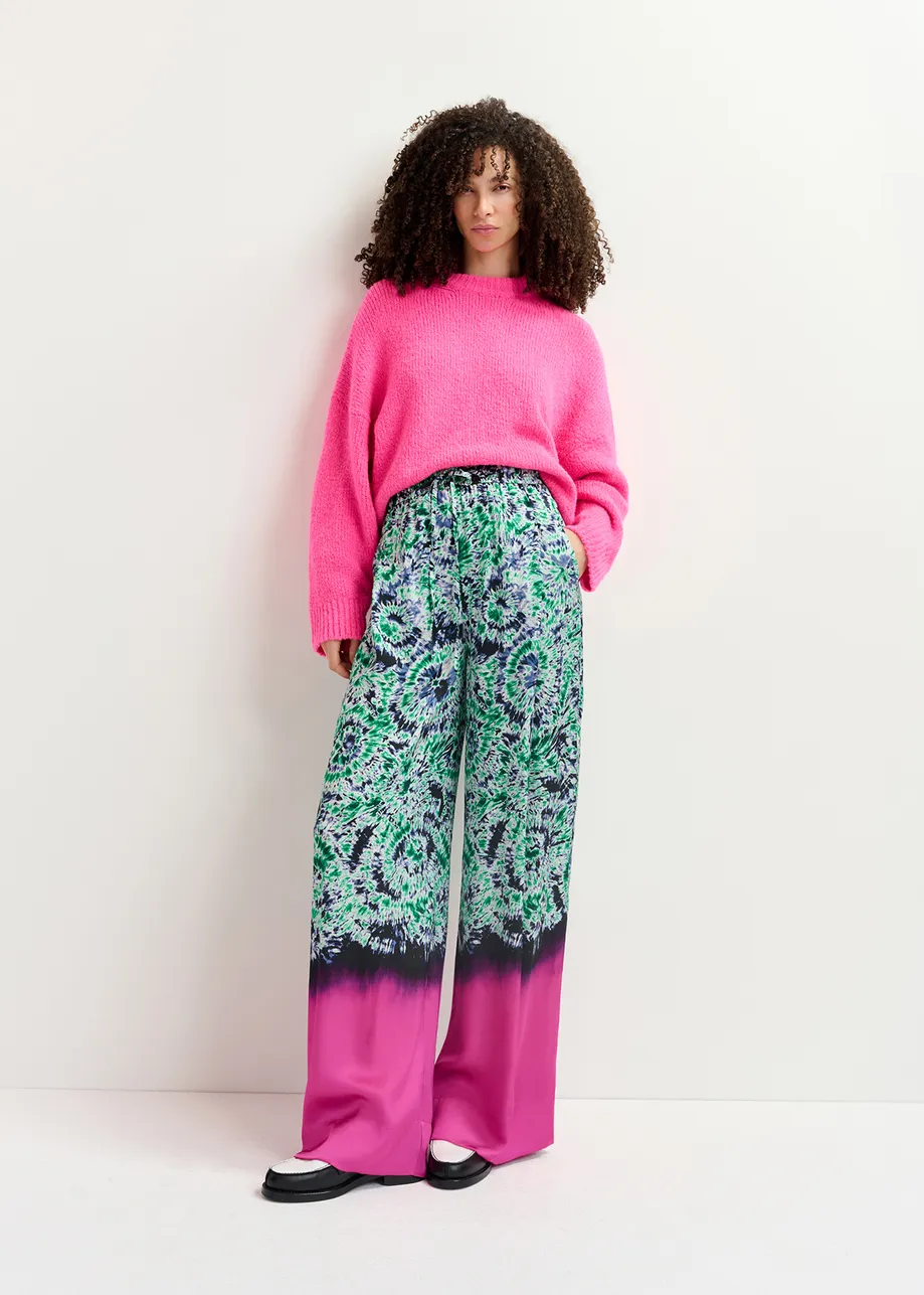 Green and navy blue abstract-print wide-leg pants with dip-dyed effect