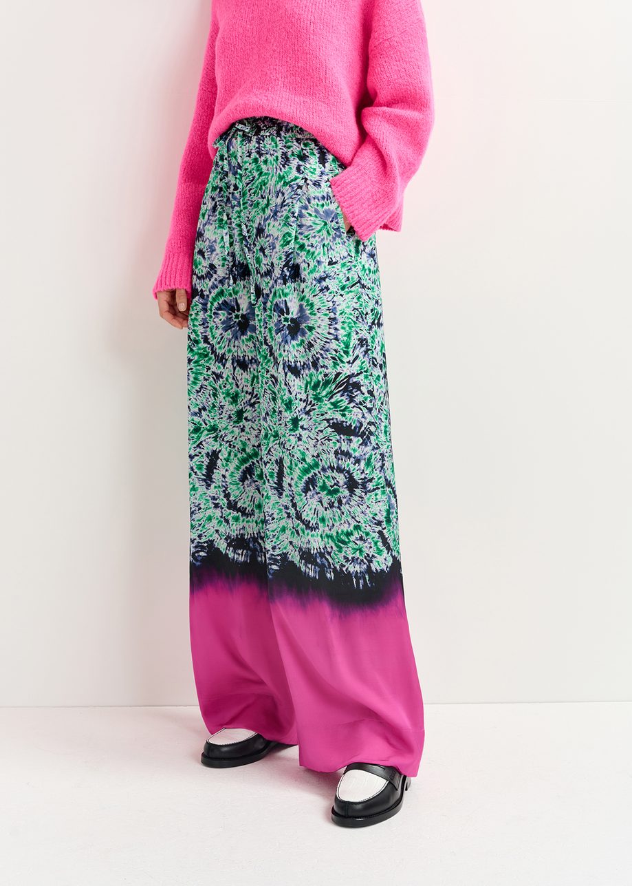 Green and navy blue abstract-print wide-leg pants with dip-dyed effect