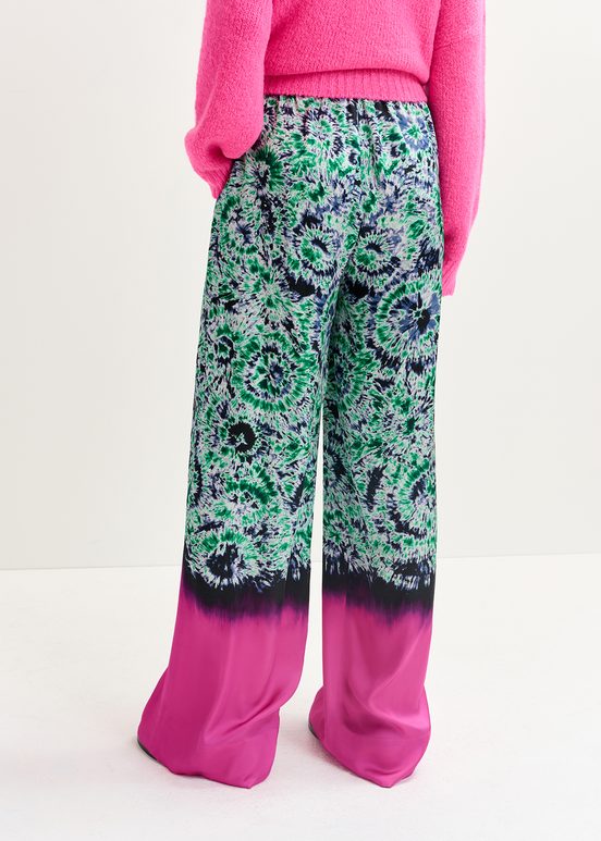 Grüne und marineblaue Hose mit weitem Bein und abstraktem Print und mit Dip-Batik-Effekt