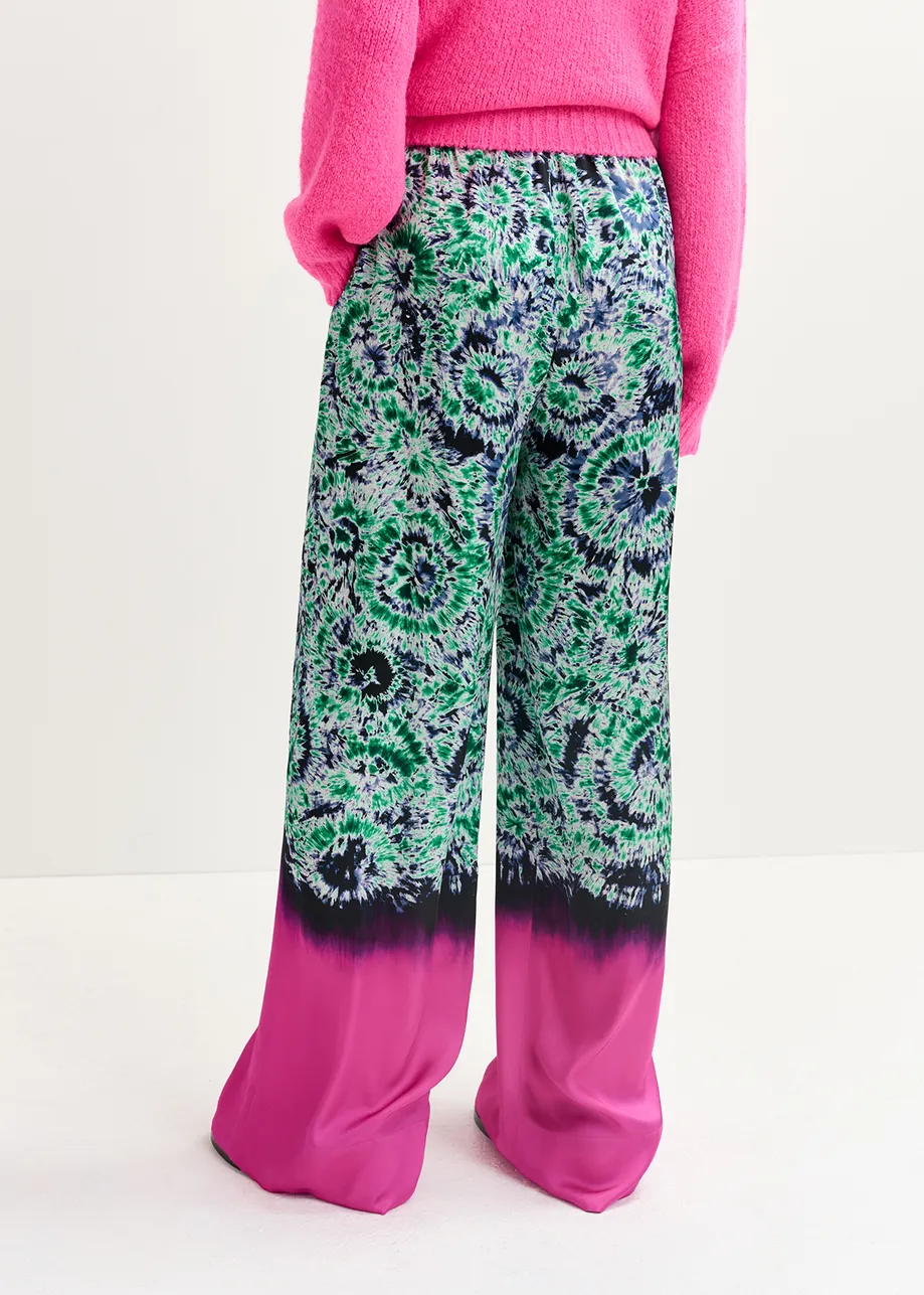 Green and navy blue abstract-print wide-leg pants with dip-dyed effect