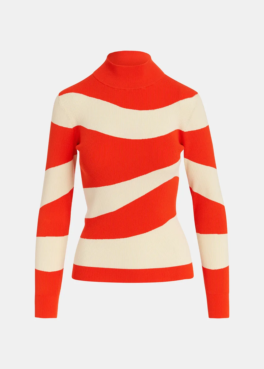 Red and ecru striped rib-knitted sweater