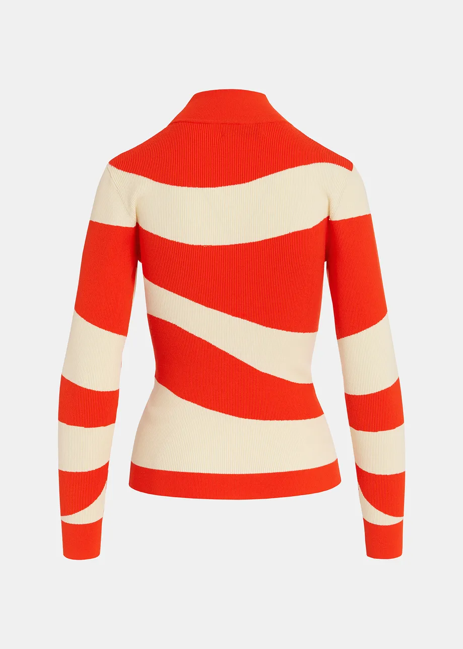 Rood en ecru gestreepte trui met ribbels