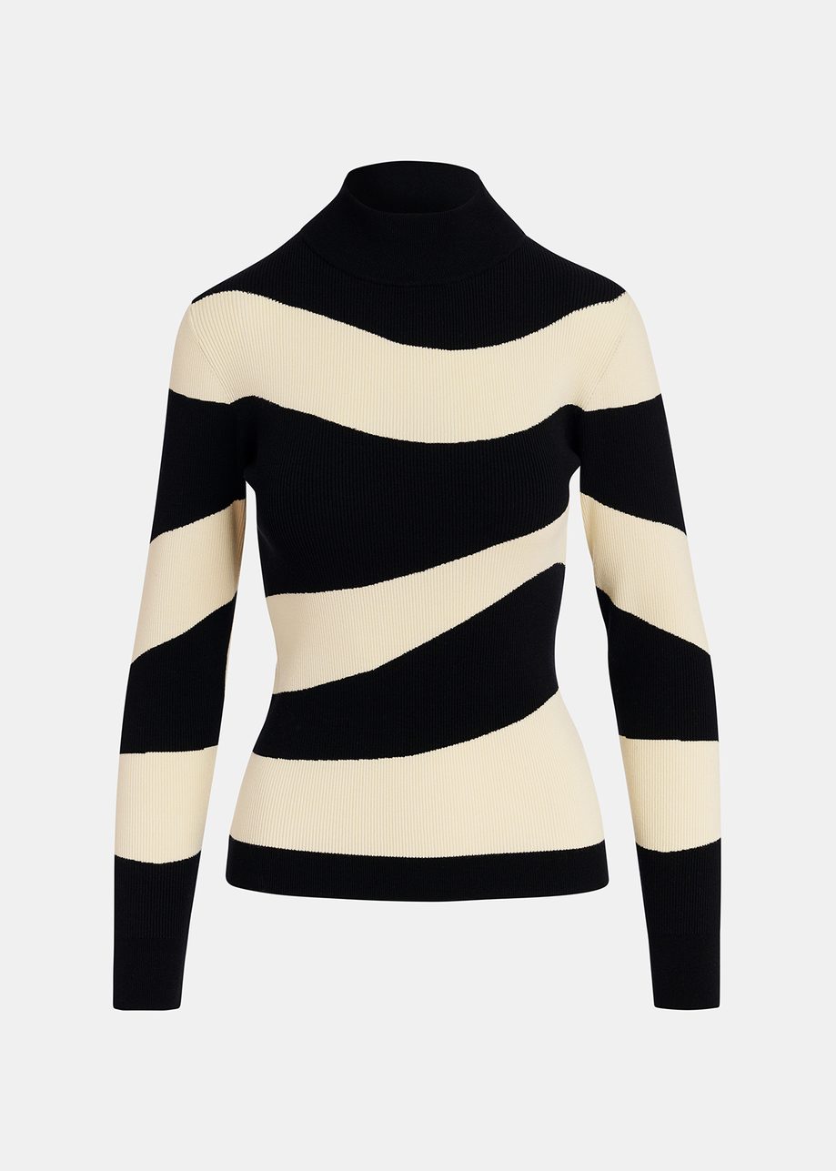 Black and ecru striped rib-knitted sweater