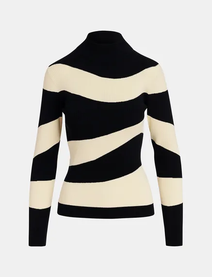 Black and ecru striped rib-knitted sweater