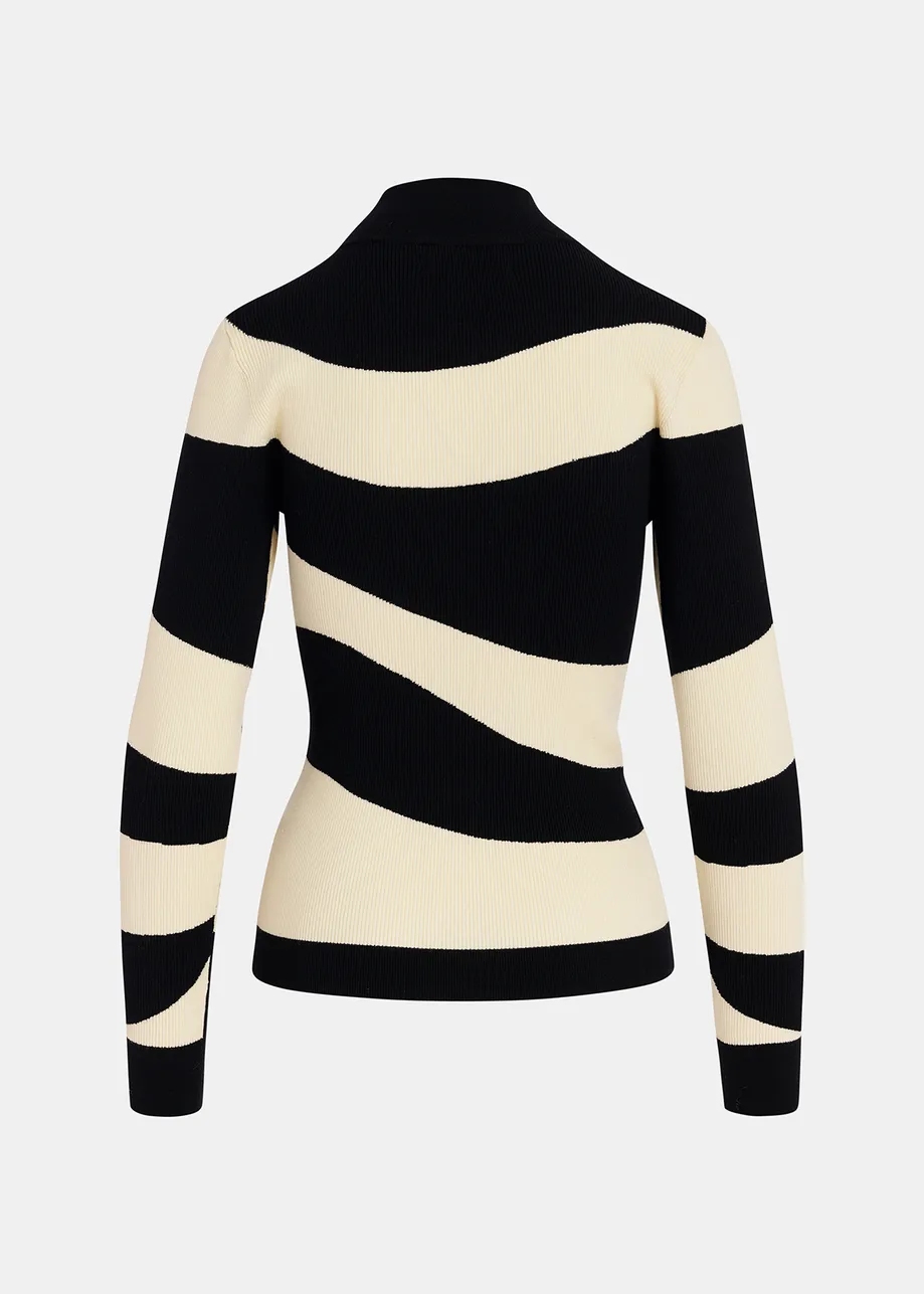 Black and ecru striped rib-knitted sweater