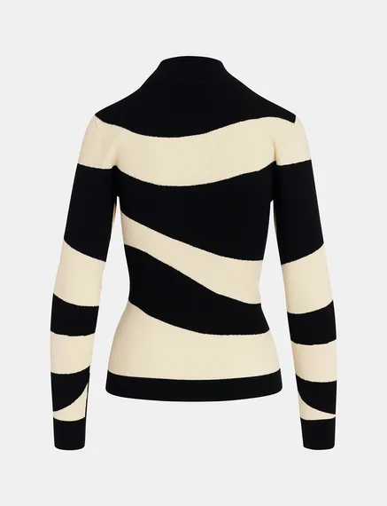 Black and ecru striped rib-knitted sweater