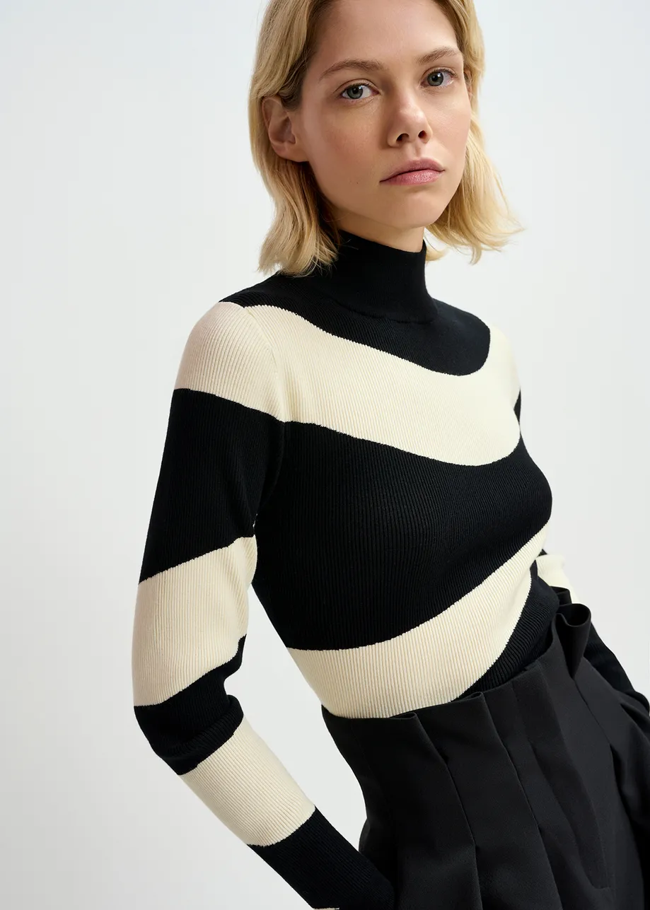 Black and ecru striped rib-knitted sweater