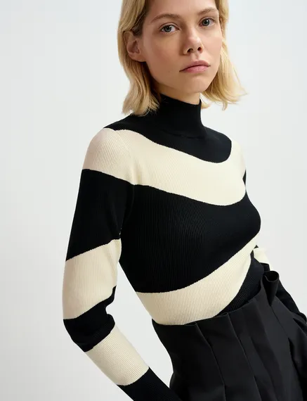 Black and ecru striped rib-knitted sweater