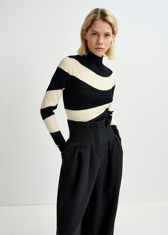 Black and ecru striped rib-knitted sweater