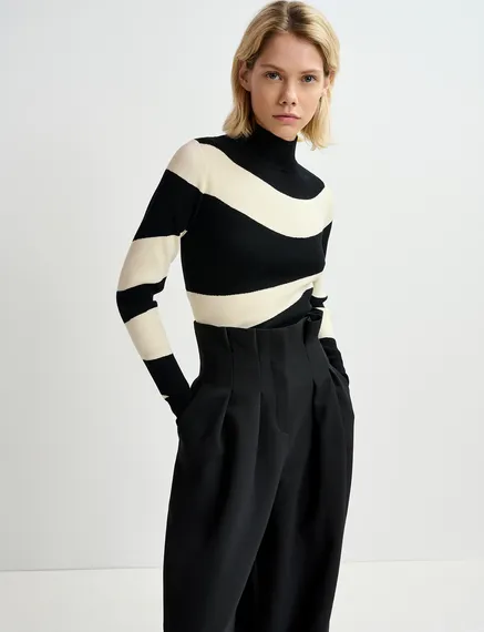 Black and ecru striped rib-knitted sweater