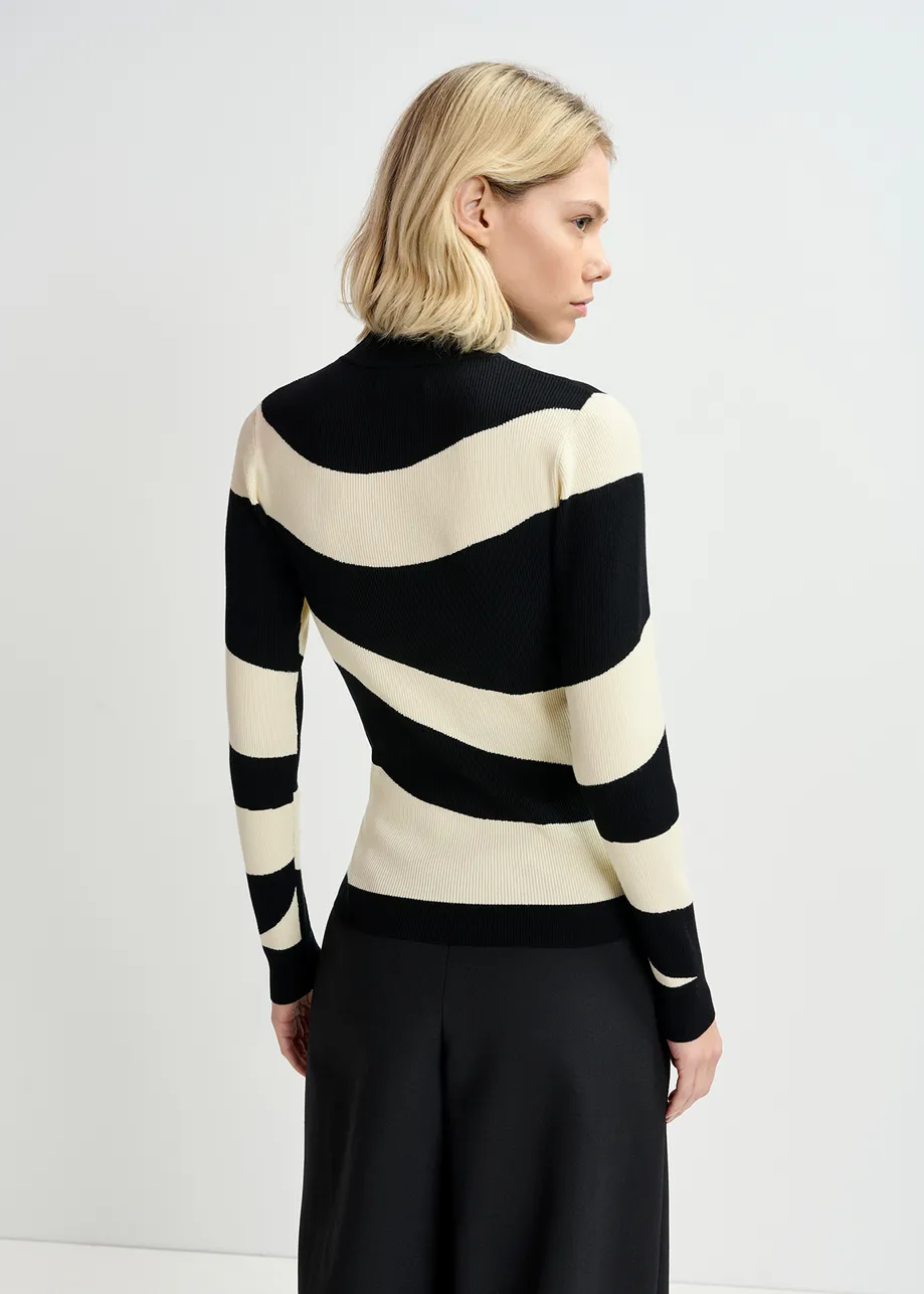 Black and ecru striped rib-knitted sweater