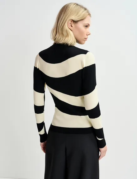 Black and ecru striped rib-knitted sweater