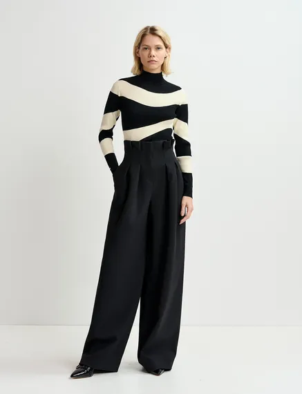 Black and ecru striped rib-knitted sweater