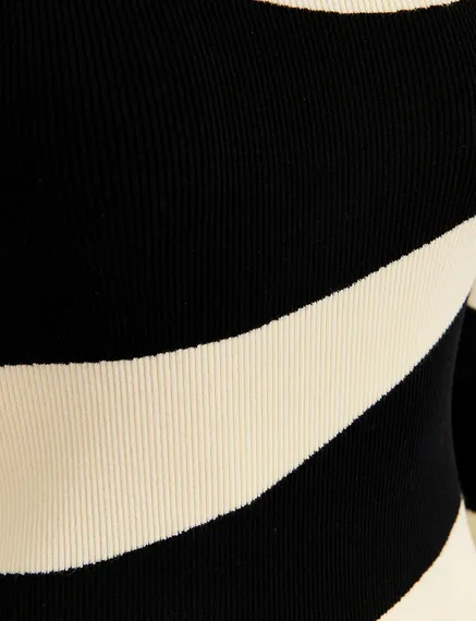 Black and ecru striped rib-knitted sweater