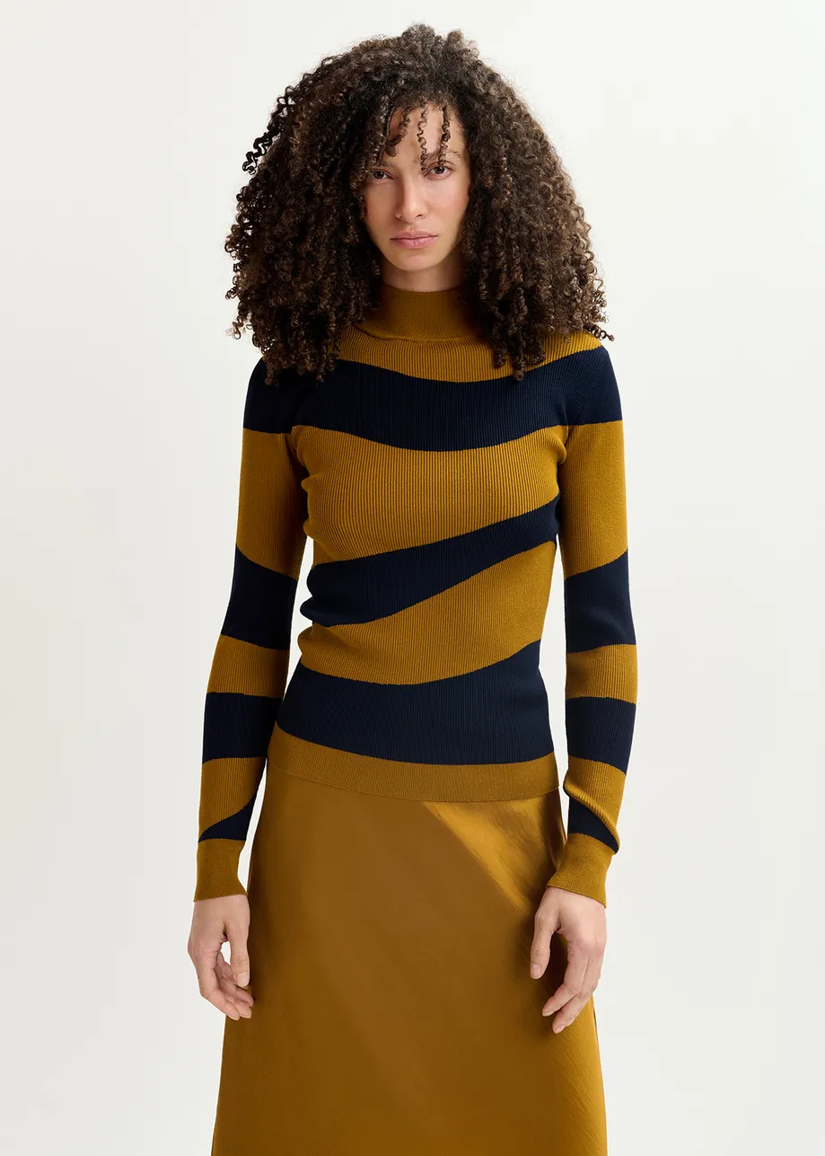 Brown and black striped rib-knitted sweater