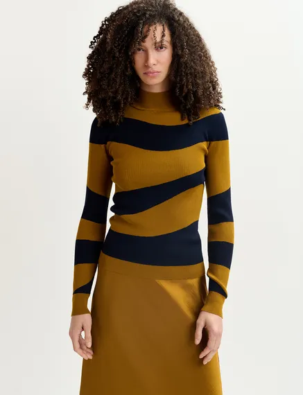 Brown and black striped rib-knitted sweater