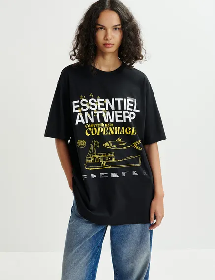 T-shirt en coton noir à imprimé exclusivement online