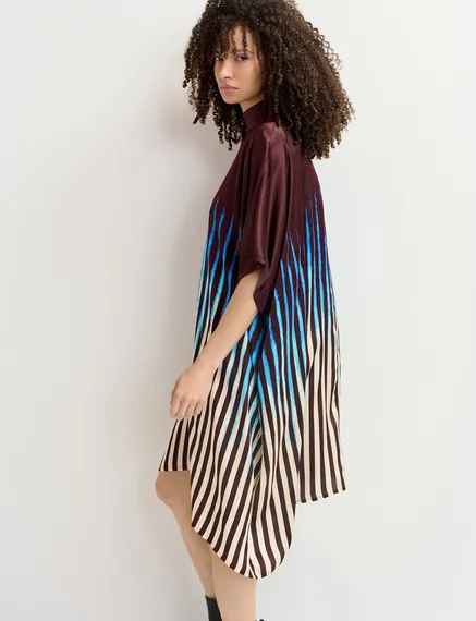 Brown, blue and ecru draped midi-length dress