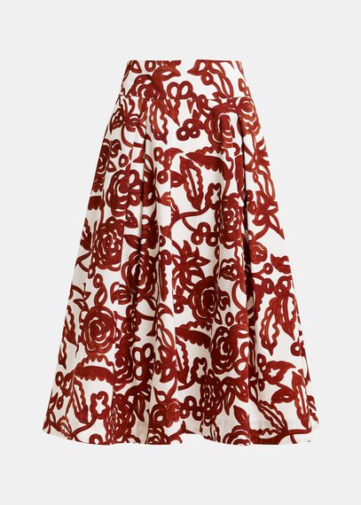 Off-white and brown floral-print pleated midi skirt