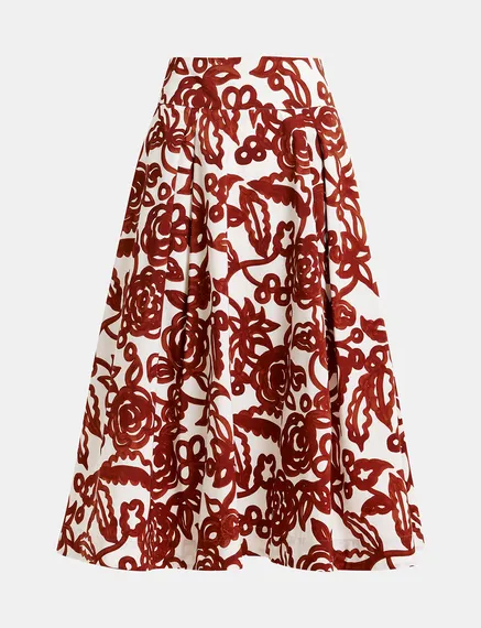 Off-white and brown floral-print pleated midi skirt