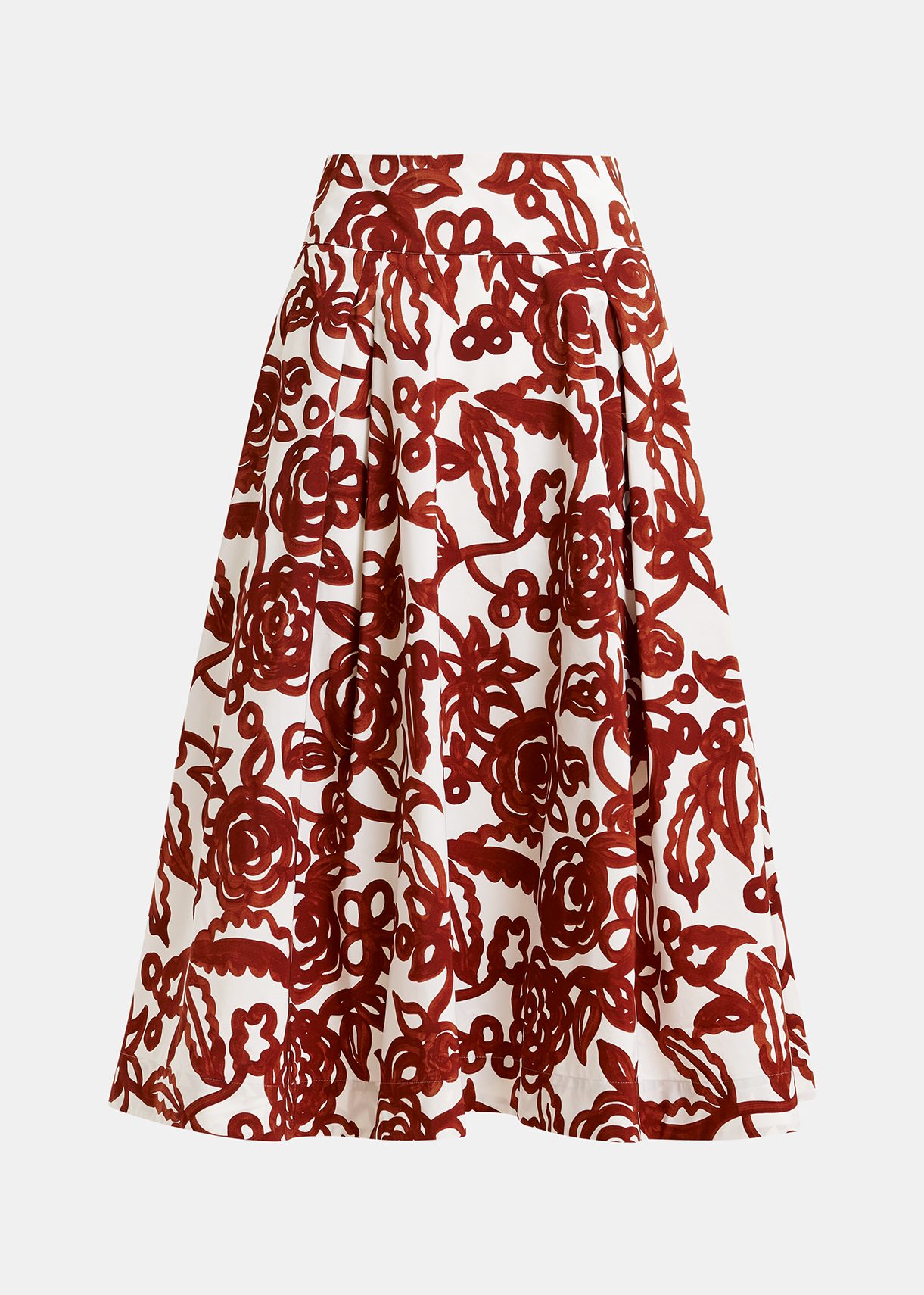 Off-white and brown floral-print pleated midi skirt