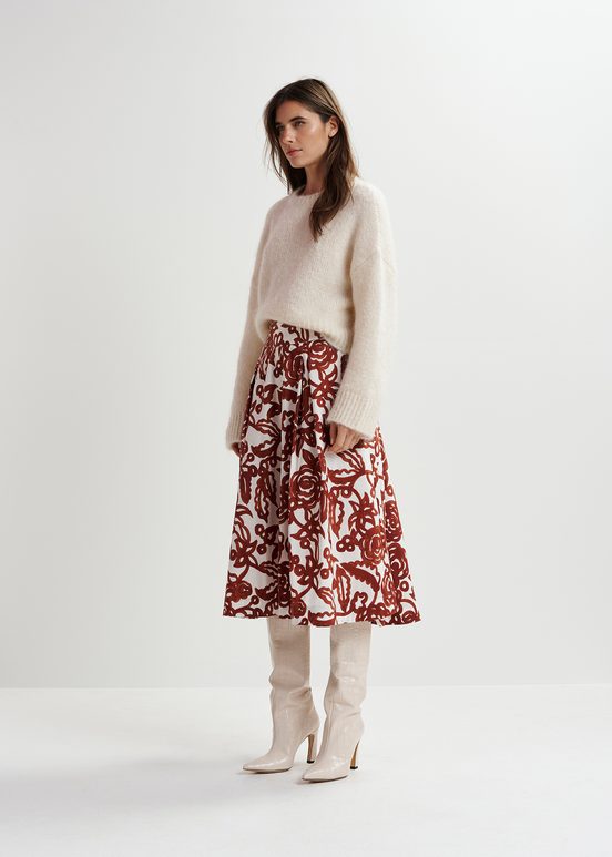 Off-white and brown floral-print pleated midi skirt