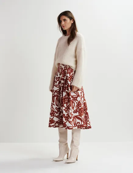 Off-white and brown floral-print pleated midi skirt