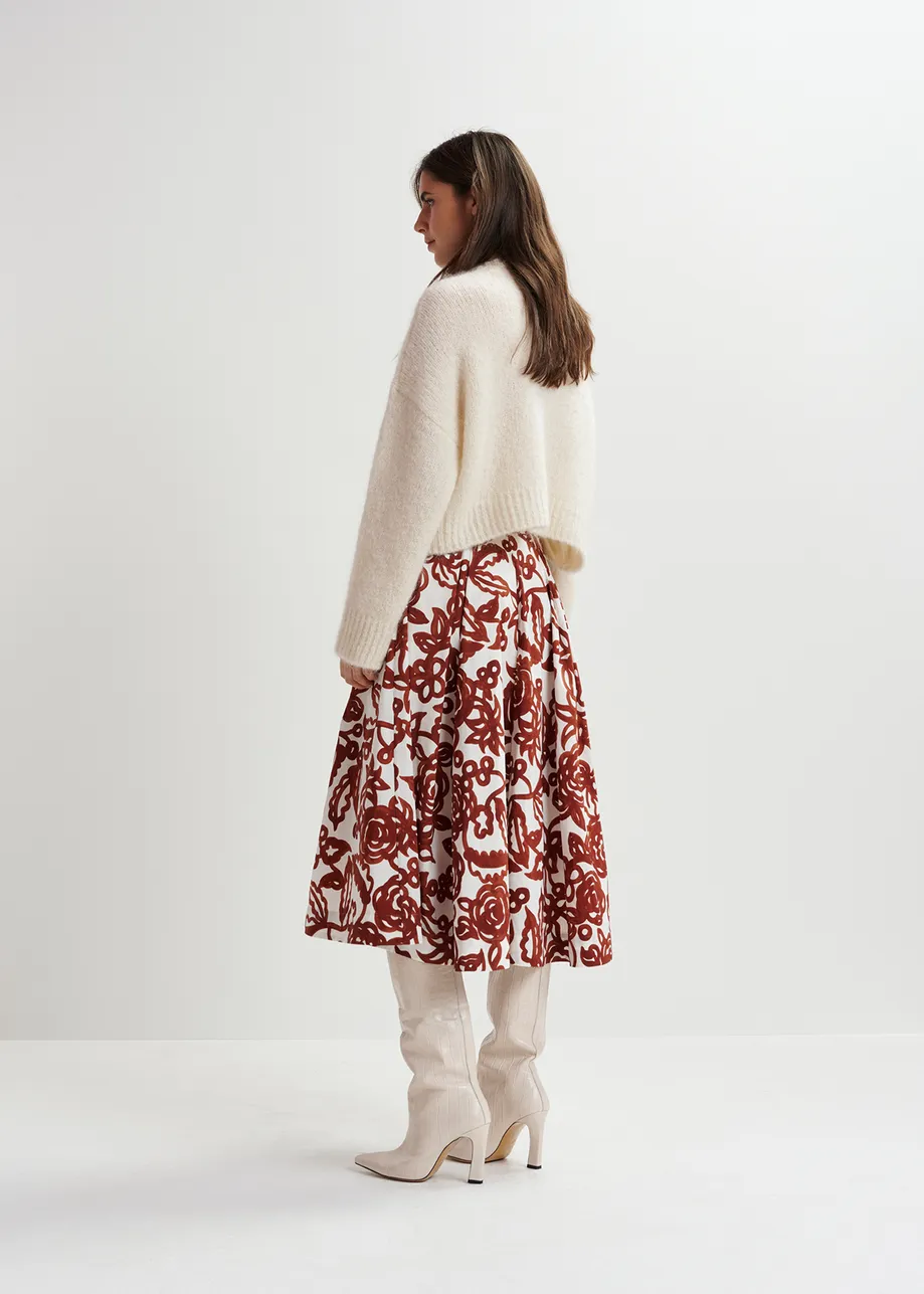 Off-white and brown floral-print pleated midi skirt