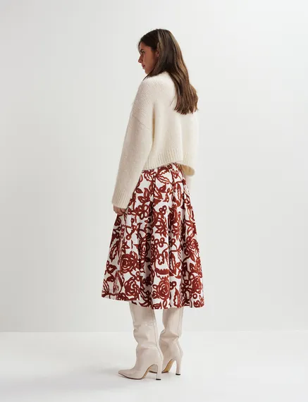 Off-white and brown floral-print pleated midi skirt