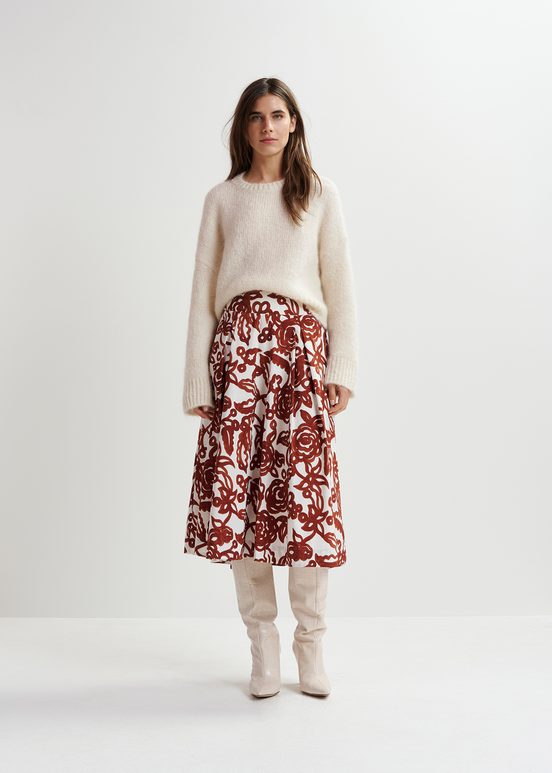 Off-white and brown floral-print pleated midi skirt