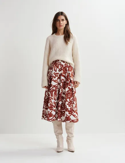 Off-white and brown floral-print pleated midi skirt