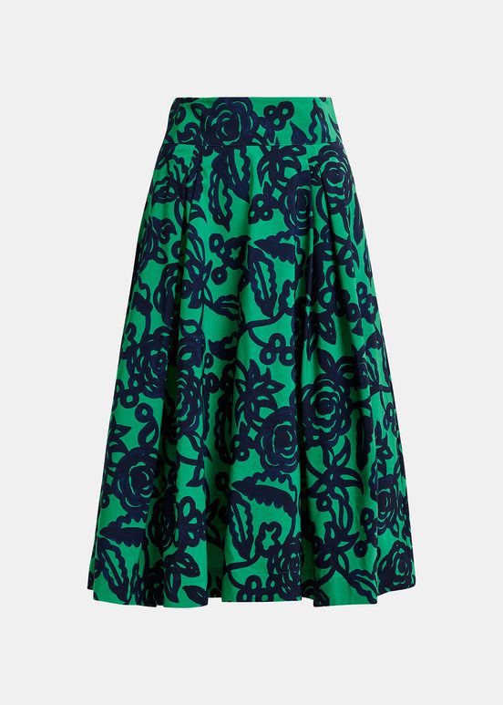 Green and dark blue floral-print pleated midi skirt