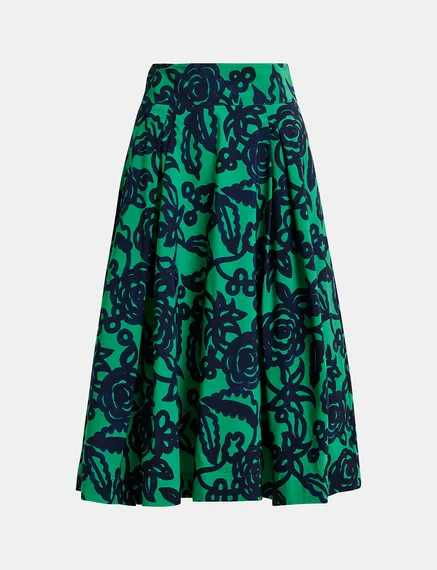 Green and dark blue floral-print pleated midi skirt