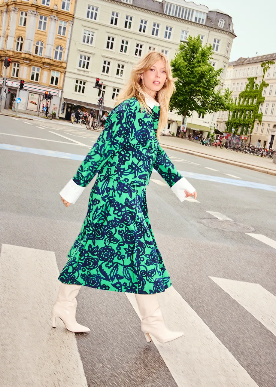 Green and dark blue floral-print pleated midi skirt