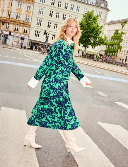 Green and dark blue floral-print pleated midi skirt