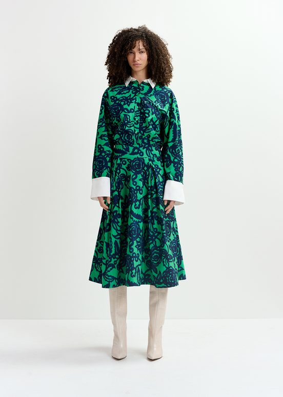 Groene en donkerblauwe midi-plissérok met bloemprint