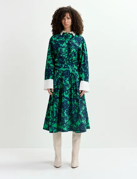 Groene en donkerblauwe midi-plissérok met bloemprint