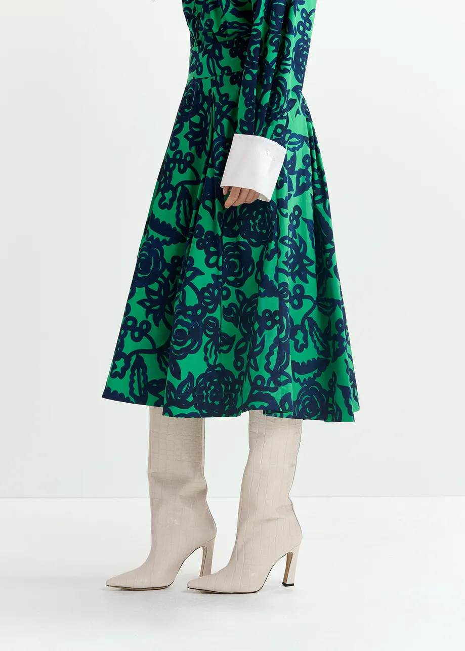 Green and dark blue floral-print pleated midi skirt